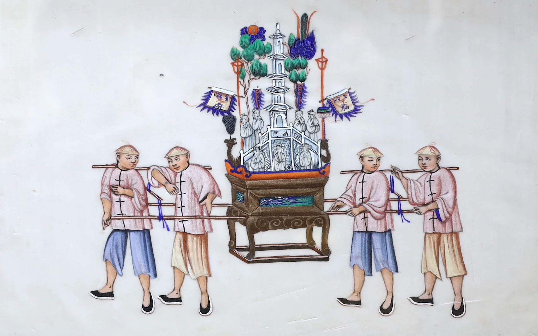 Chinese School, set of four gouaches on pith paper, Processions of figures, 18 x 29cm